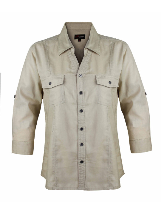 Chemisier femme lin/coton beige – Manches 3/4, poches à rabat