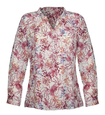 Chemisier fleuri beige/orange polyester – Col rond, manches longues