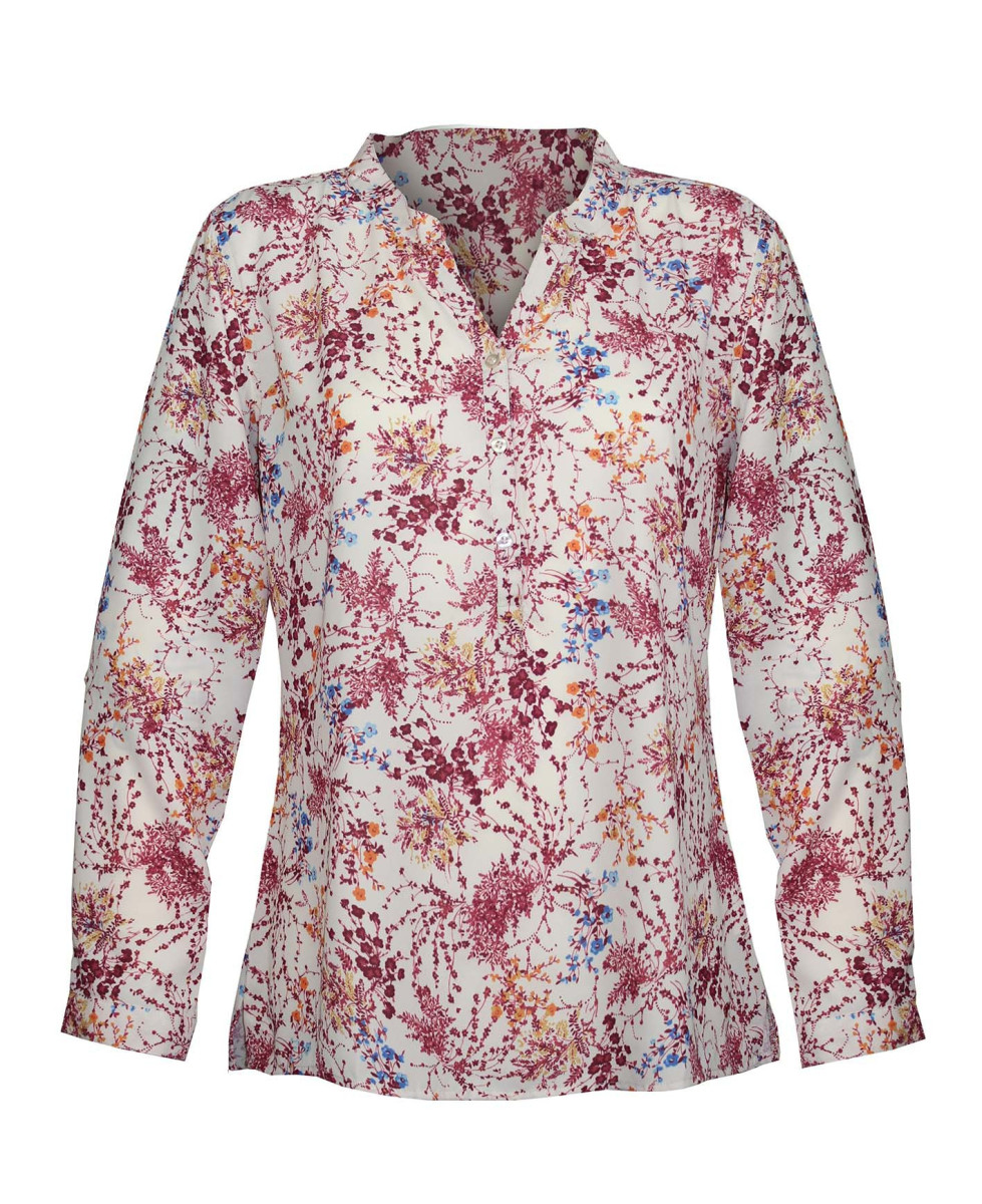 Chemisier fleuri beige/orange polyester – Col rond, manches longues