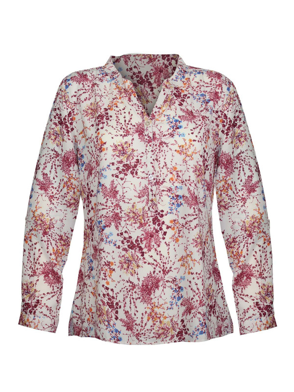 Chemisier fleuri beige/orange polyester – Col rond, manches longues