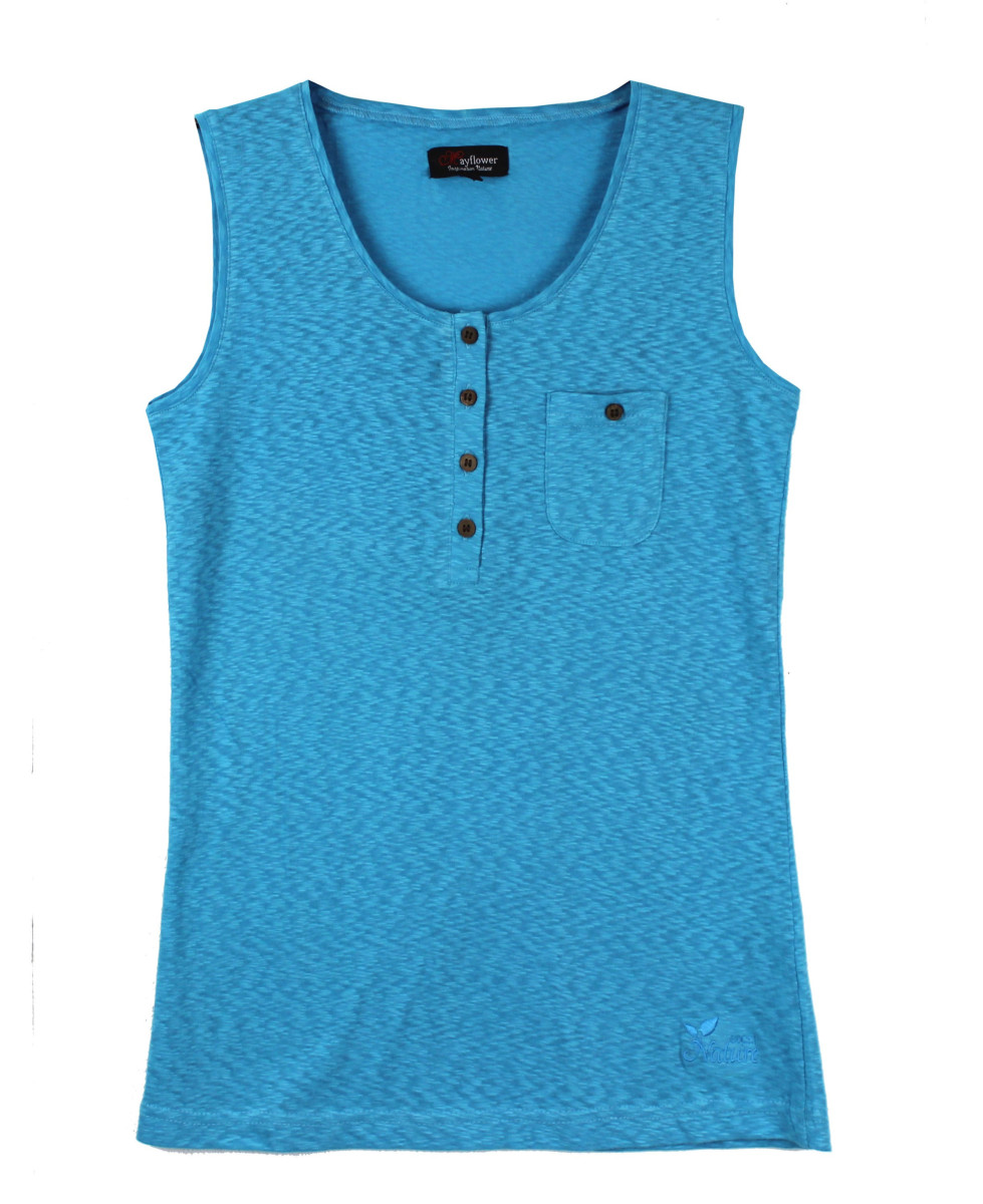 Débardeur bleu coton femme – Patte boutonnée, boutons coconut