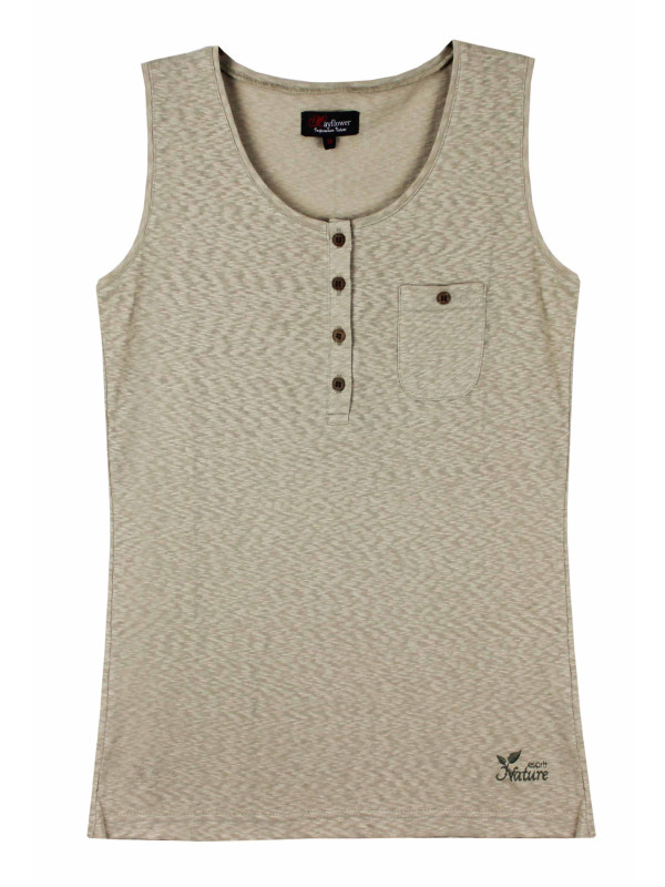 Débardeur beige coton femme – Patte boutonnée, boutons coconut
