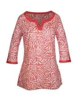 Tunique coton mandarine/blanc – Grand col rond, imprimé dynamique