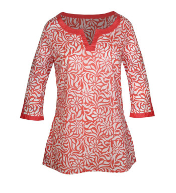 Tunique coton mandarine/blanc – Grand col rond, imprimé dynamique