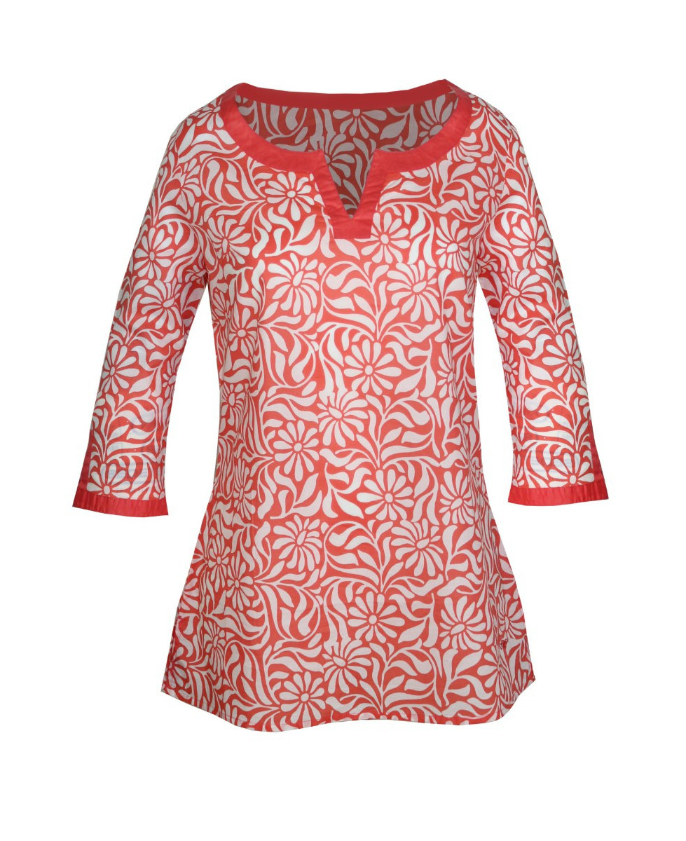 Tunique coton mandarine/blanc – Grand col rond, imprimé dynamique