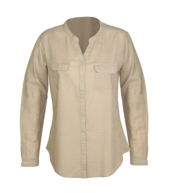 Chemisier beige coton femme – Manches longues, poches à rabat