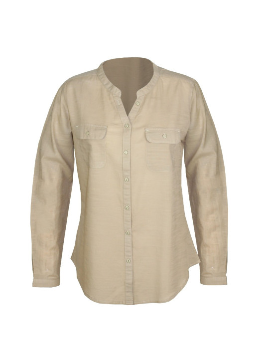 Chemisier beige coton femme – Manches longues, poches à rabat