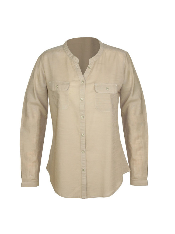 Chemisier beige coton femme – Manches longues, poches à rabat