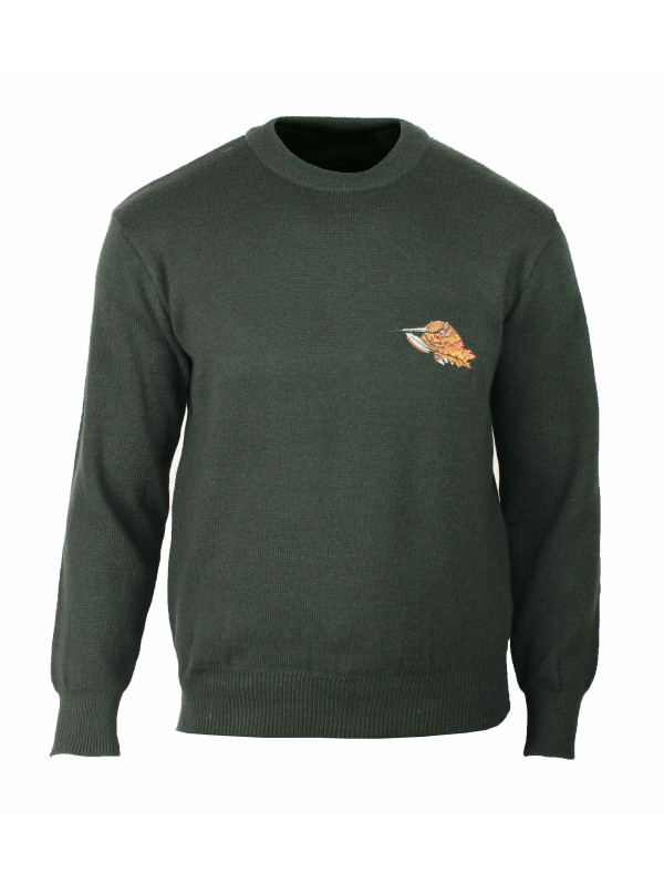 Pull Homme LEDERTYS LY0700B – Ras du Cou Kaki Broderie Bécasse