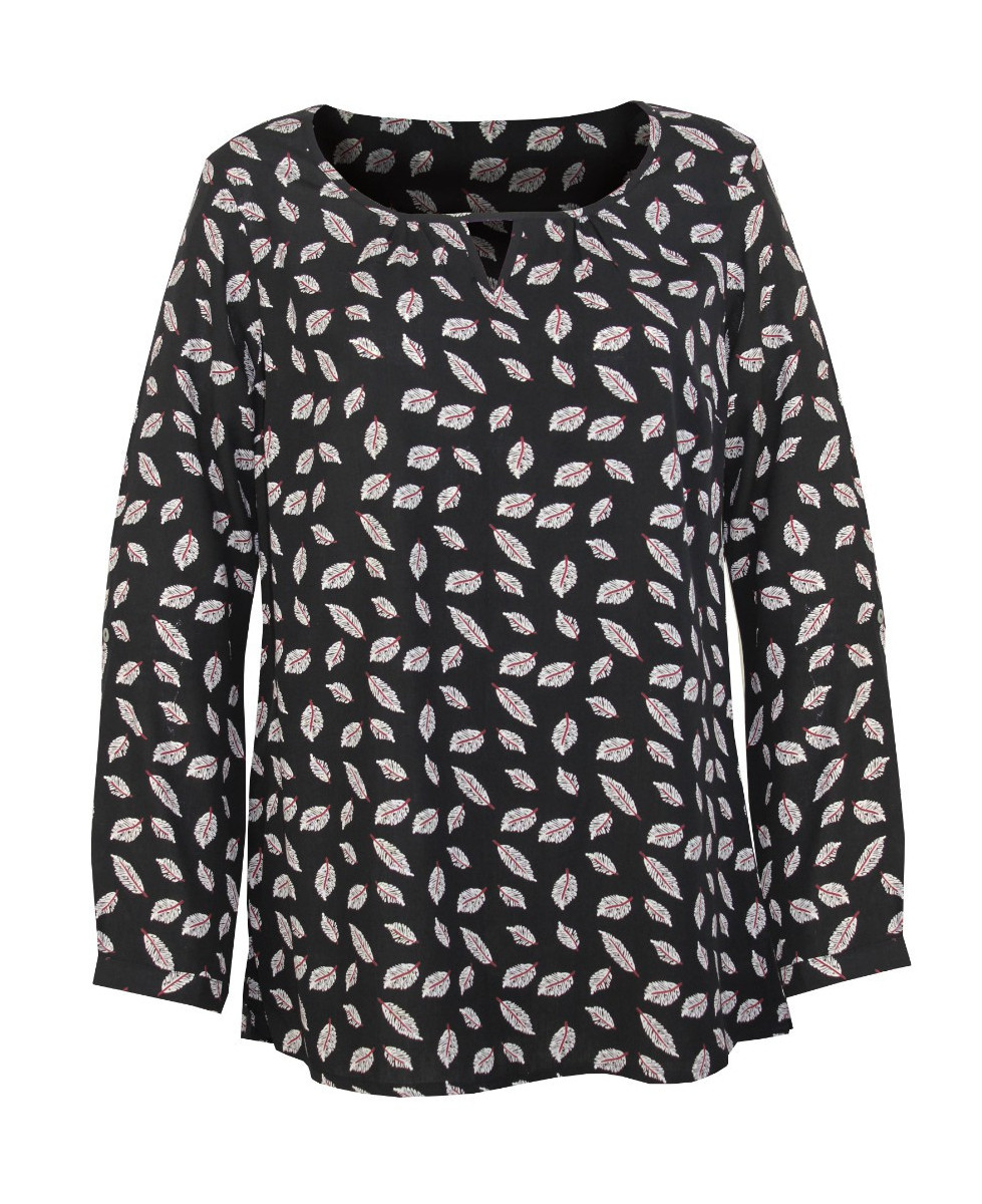 Tunique feuillage femme viscose – Col fantaisie, manches longues