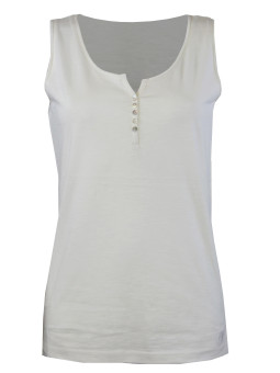 Débardeur blanc coton flammé – Col rond ouvert, boutons nacre