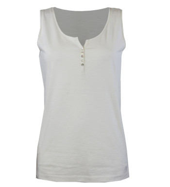 Débardeur blanc coton flammé – Col rond ouvert, boutons nacre