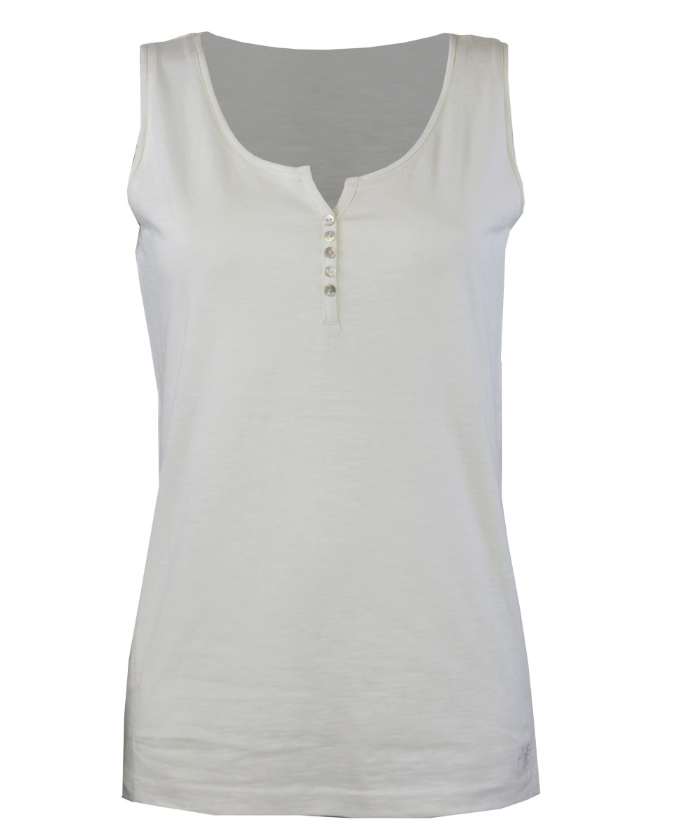 Débardeur blanc coton flammé – Col rond ouvert, boutons nacre