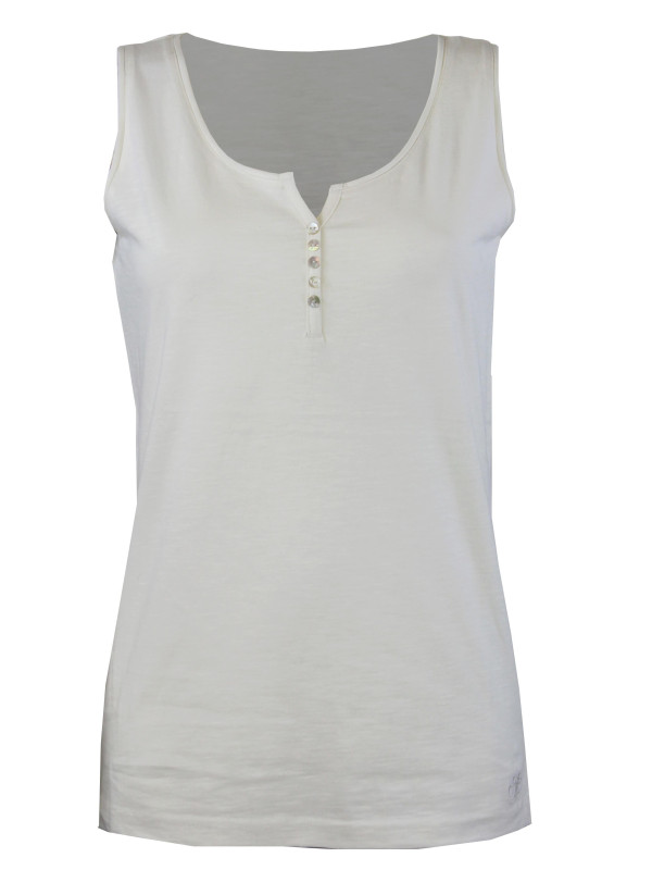 Débardeur blanc coton flammé – Col rond ouvert, boutons nacre