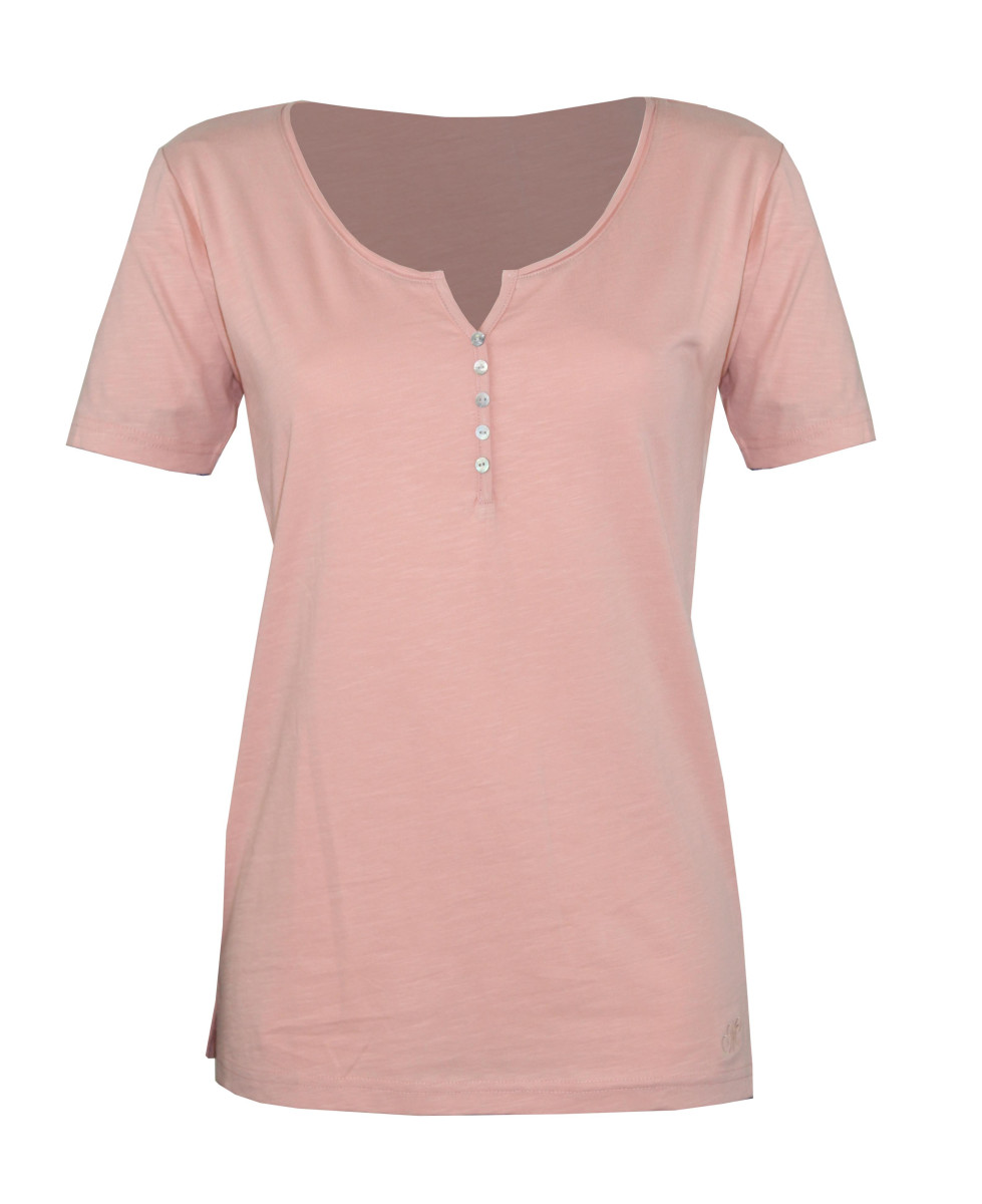 Tee-shirt rose M3102A coton flammé col rond boutons nacre