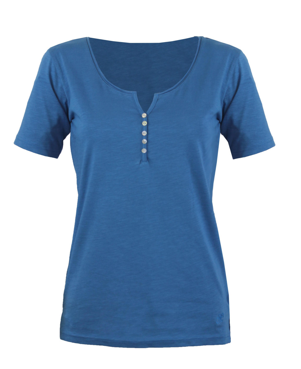 Tee-shirt bleu M3102B coton flammé col rond boutons nacre