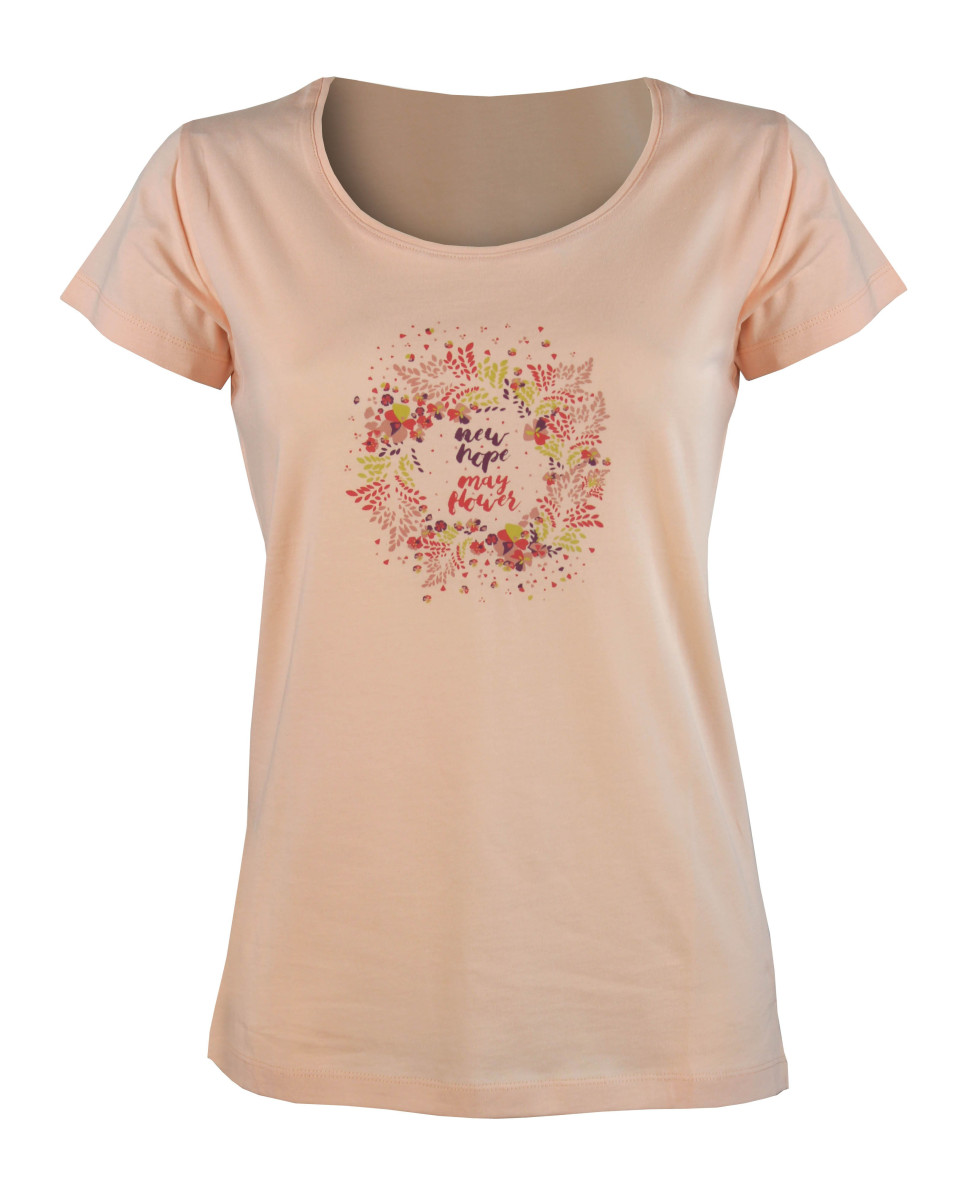 Tee-shirt rose M3125A col rond sérigraphie coton femme