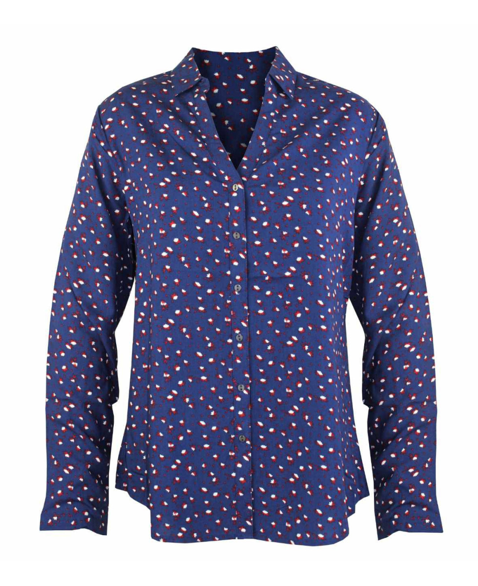 Chemisier imprimé marine/rouge femme – viscose, col rond, boutons