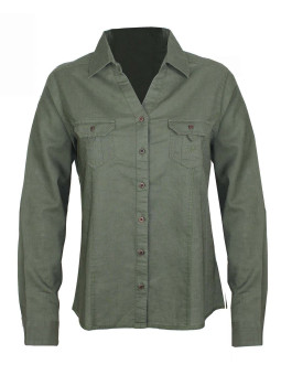 Chemisier lin olive femme – Manches longues, poches, boutons bois