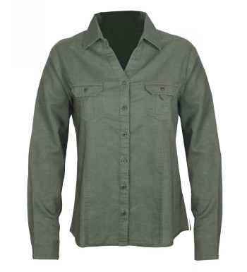 Chemisier lin olive femme – Manches longues, poches, boutons bois