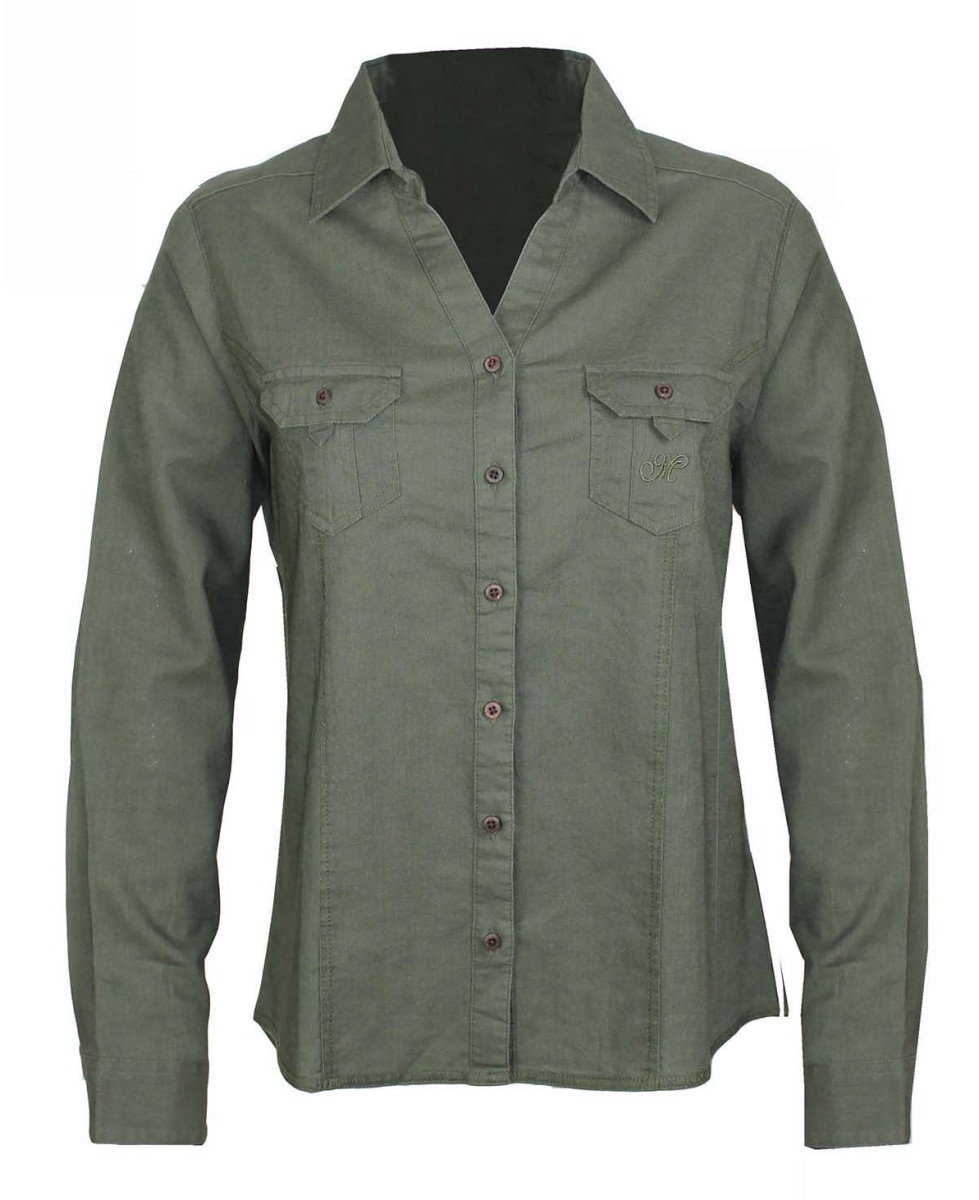 Chemisier lin olive femme – Manches longues, poches, boutons bois