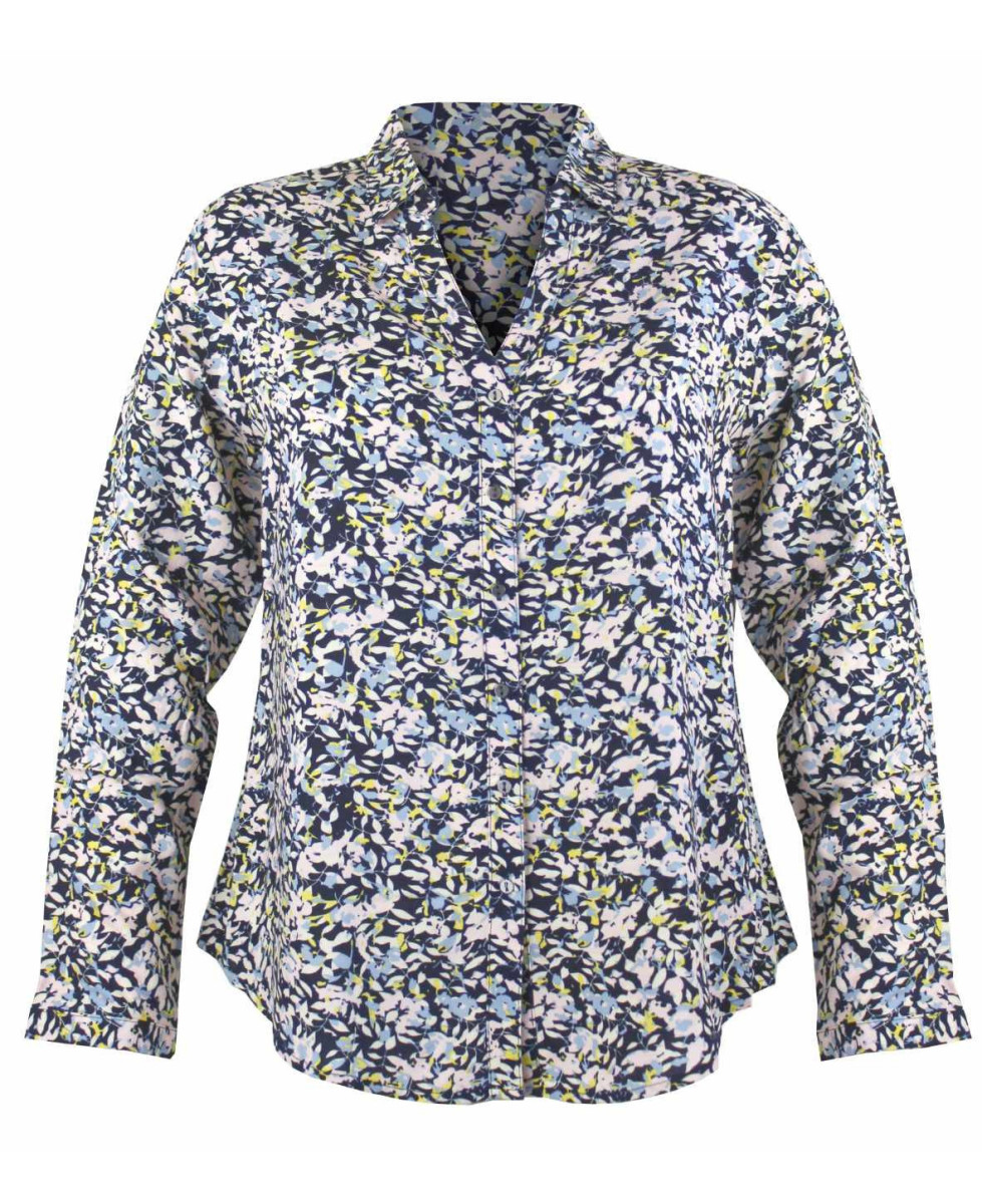 Chemisier fleuri bleu/jaune/écru femme – Viscose, col rond, boutons