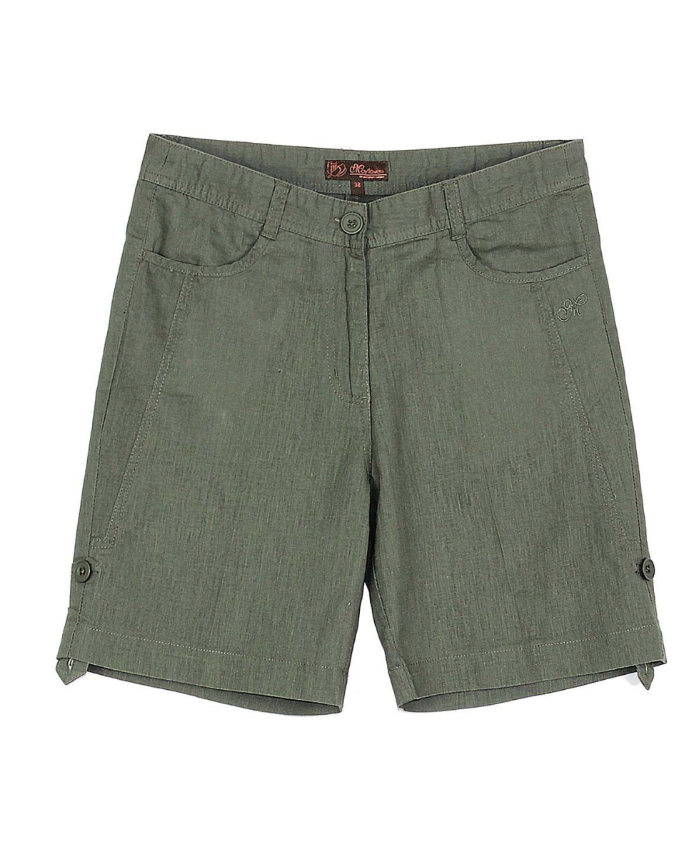 Short femme lin olive MIGUEL1 – Longueur réglable & poches