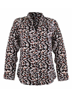Chemisier imprimé noir/camel femme – Viscose, col rond, boutons