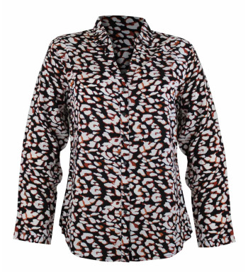 Chemisier imprimé noir/camel femme – Viscose, col rond, boutons