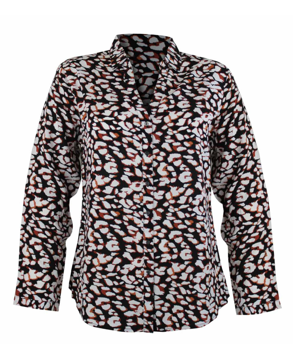 Chemisier imprimé noir/camel femme – Viscose, col rond, boutons