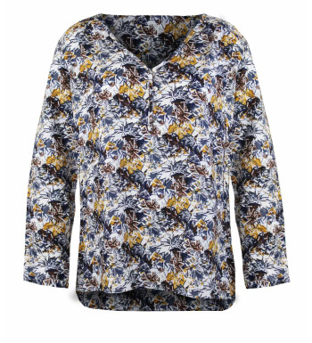 Tunique jaune/brun en viscose – Motifs, col fantaisie, manches longues