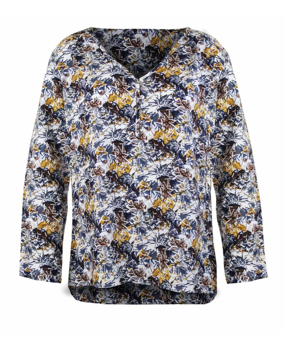 Tunique jaune/brun en viscose – Motifs, col fantaisie, manches longues