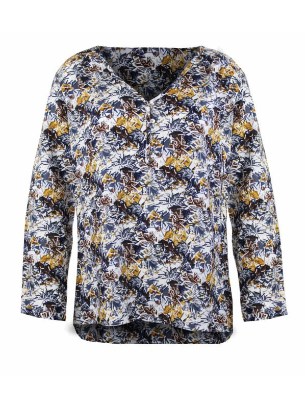 Tunique jaune/brun en viscose – Motifs, col fantaisie, manches longues