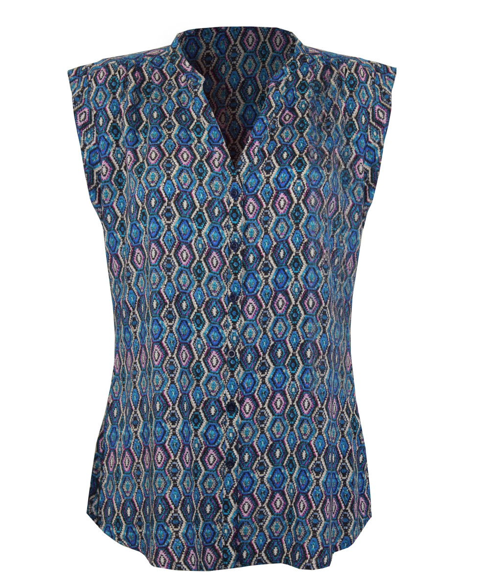 Chemisier sans manche bleu/rose – Viscose imprimé, col rond