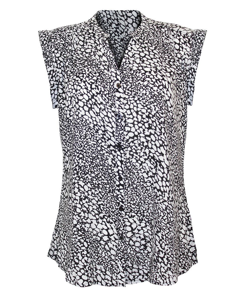 Chemisier sans manche viscose blanc/noir – Col rond, imprimé chic