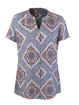 Chemisier imprimé orange/bleu femme – Manches courtes, viscose