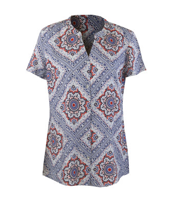 Chemisier imprimé orange/bleu femme – Manches courtes, viscose