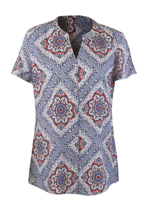 Chemisier imprimé orange/bleu femme – Manches courtes, viscose