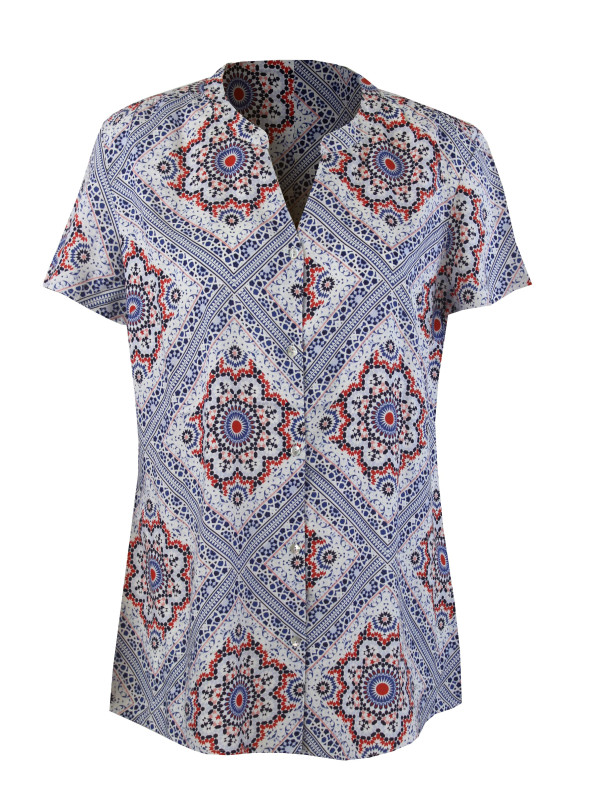 Chemisier imprimé orange/bleu femme – Manches courtes, viscose