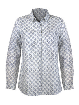 Chemisier coton/lin motifs femme – Blanc/Bleu, manches longues
