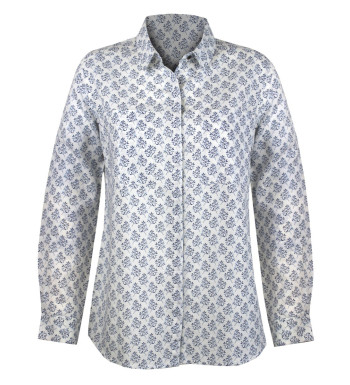 Chemisier coton/lin motifs femme – Blanc/Bleu, manches longues