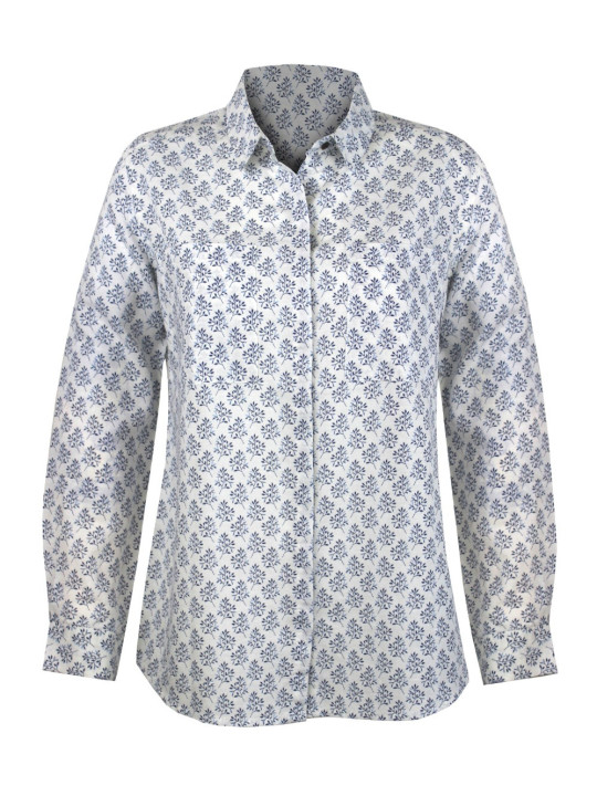 Chemisier coton/lin motifs femme – Blanc/Bleu, manches longues