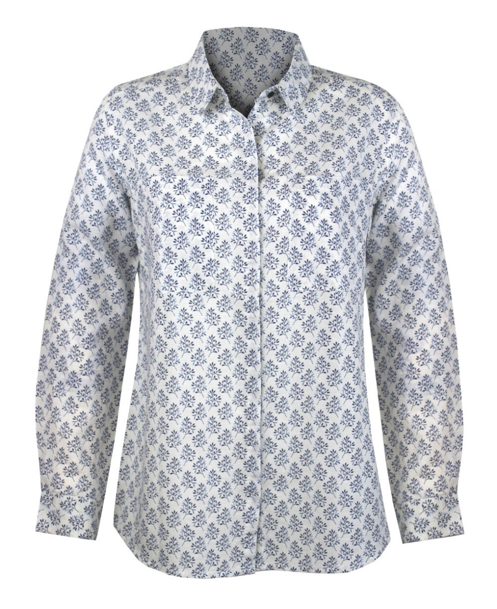 Chemisier coton/lin motifs femme – Blanc/Bleu, manches longues