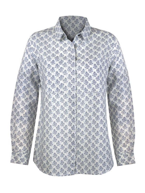 Chemisier coton/lin motifs femme – Blanc/Bleu, manches longues