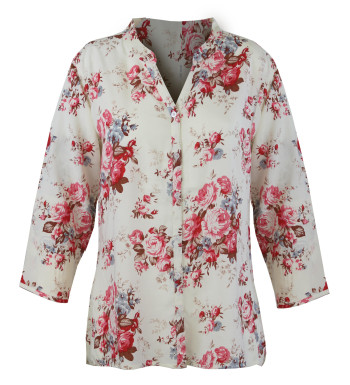 Chemisier floral blanc/rouge femme – Viscose, col rond, manches 3/4