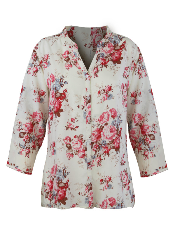 Chemisier floral blanc/rouge femme – Viscose, col rond, manches 3/4