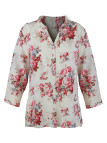 Chemisier floral blanc/rouge femme – Viscose, col rond, manches 3/4