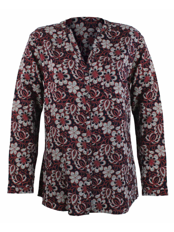 Chemisier fleuri rouge/noir femme – Viscose, manches longues, boutons