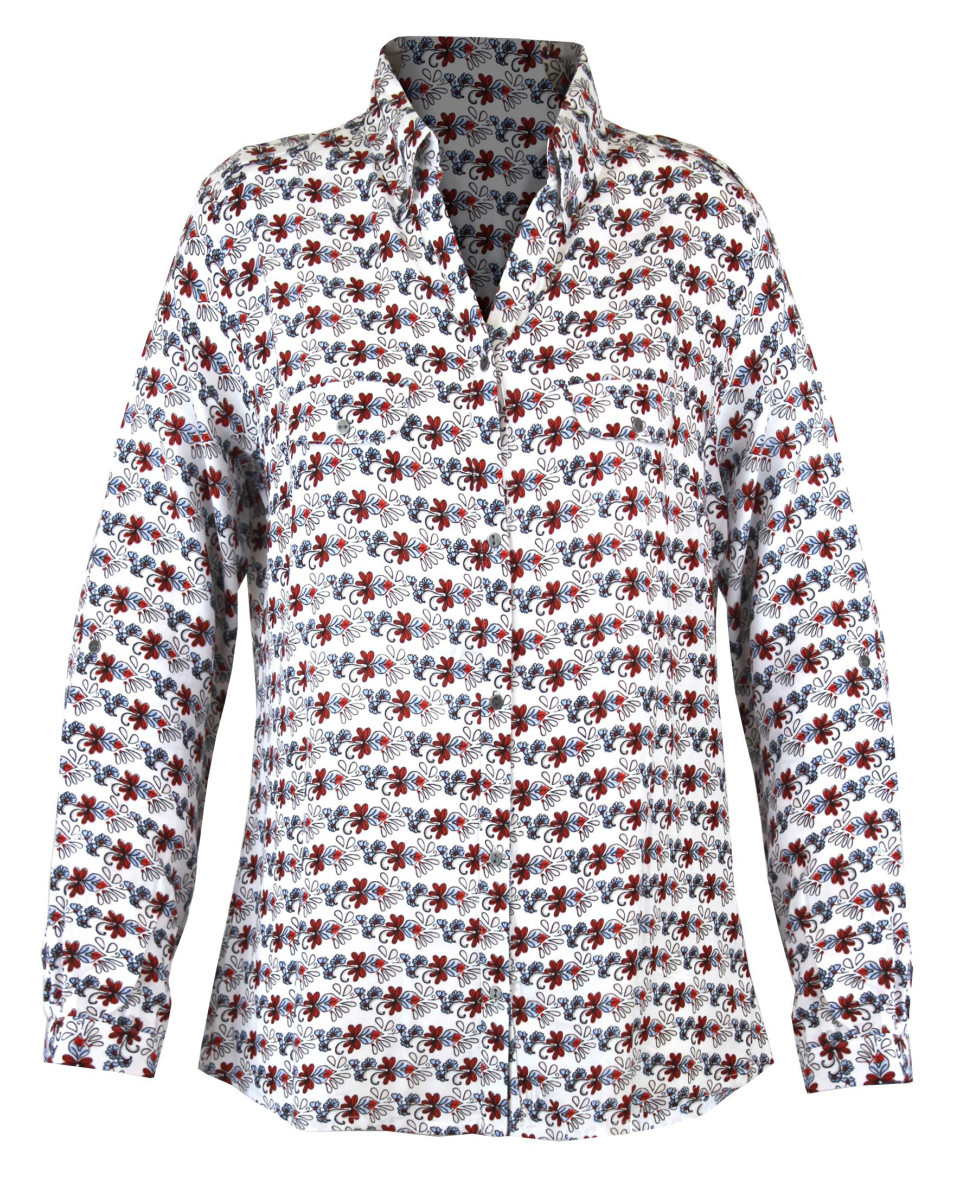 Chemisier imprimé rouge/bleu femme – Viscose, col chemise, poches