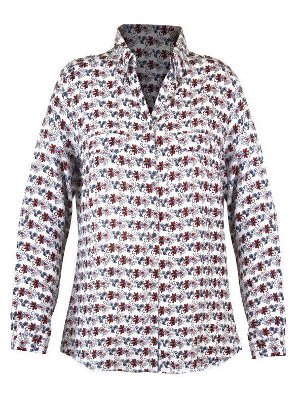 Chemisier imprimé rouge/bleu femme – Viscose, col chemise, poches